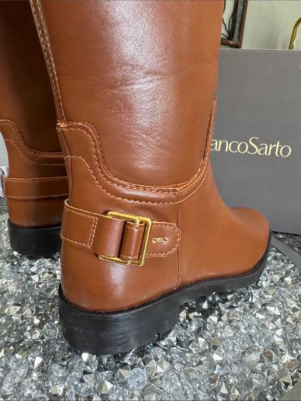 Franco Sarto Tall Cognac Over-the-Knee Boots with Gold Buckle NEW WIDE CALF 7